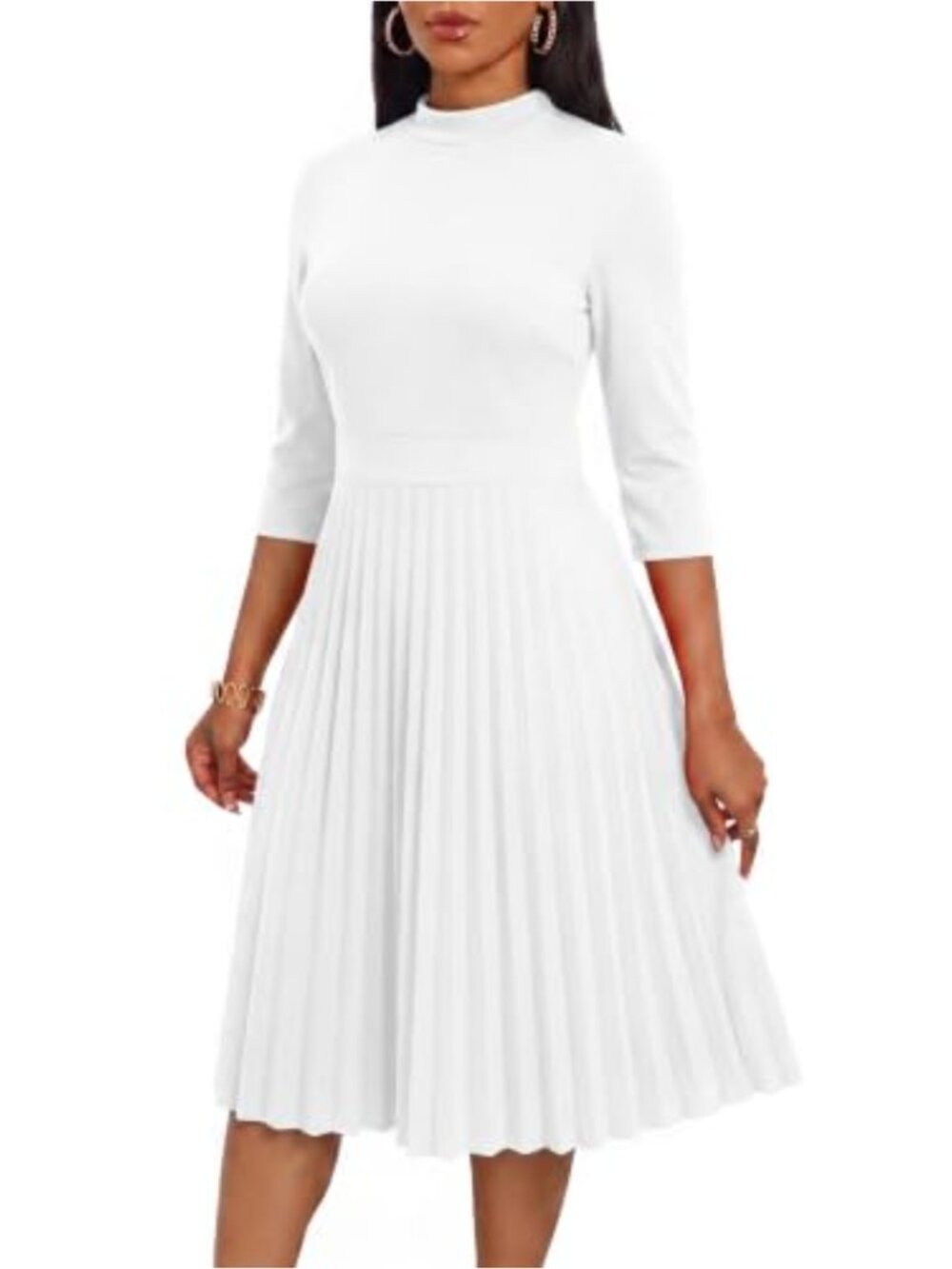 Empire Waist Pleated Midi Dress Mock Neck 3/4 Sleeve